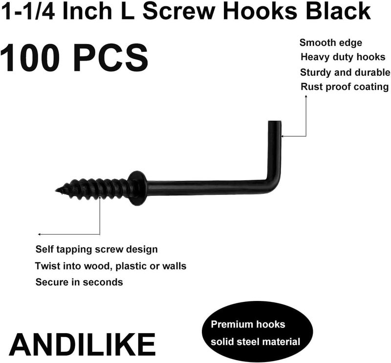 ANDILIKE 100 PCS 1-1/4 Inch Black Screw in L Hooks, 7 Shaped Right Angle Screw Hooks for Hanging Lamp,Plants,Decorations,kitchenware and DIY Crafts - Image 5